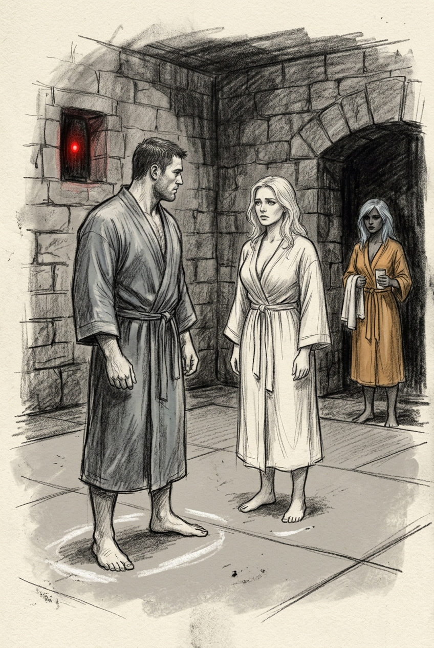 The Mat Training: red training light and chalk lines on the stone floor