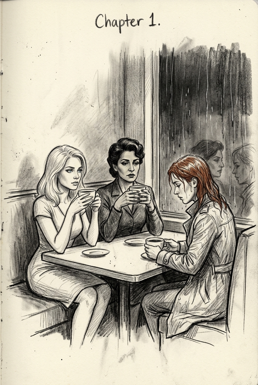 The Three Women: Selene, Rue, and Edna at a corner table in a rain-streaked café