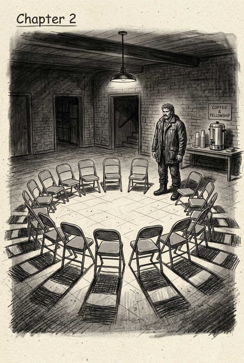 The Empty Circle: folding chairs set in an exact ring in the church basement