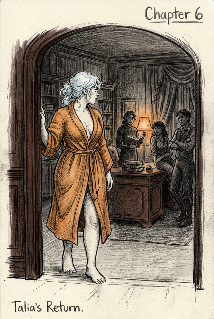 Talia's Entrance: Selene guiding Thomas through the cold garden corridor