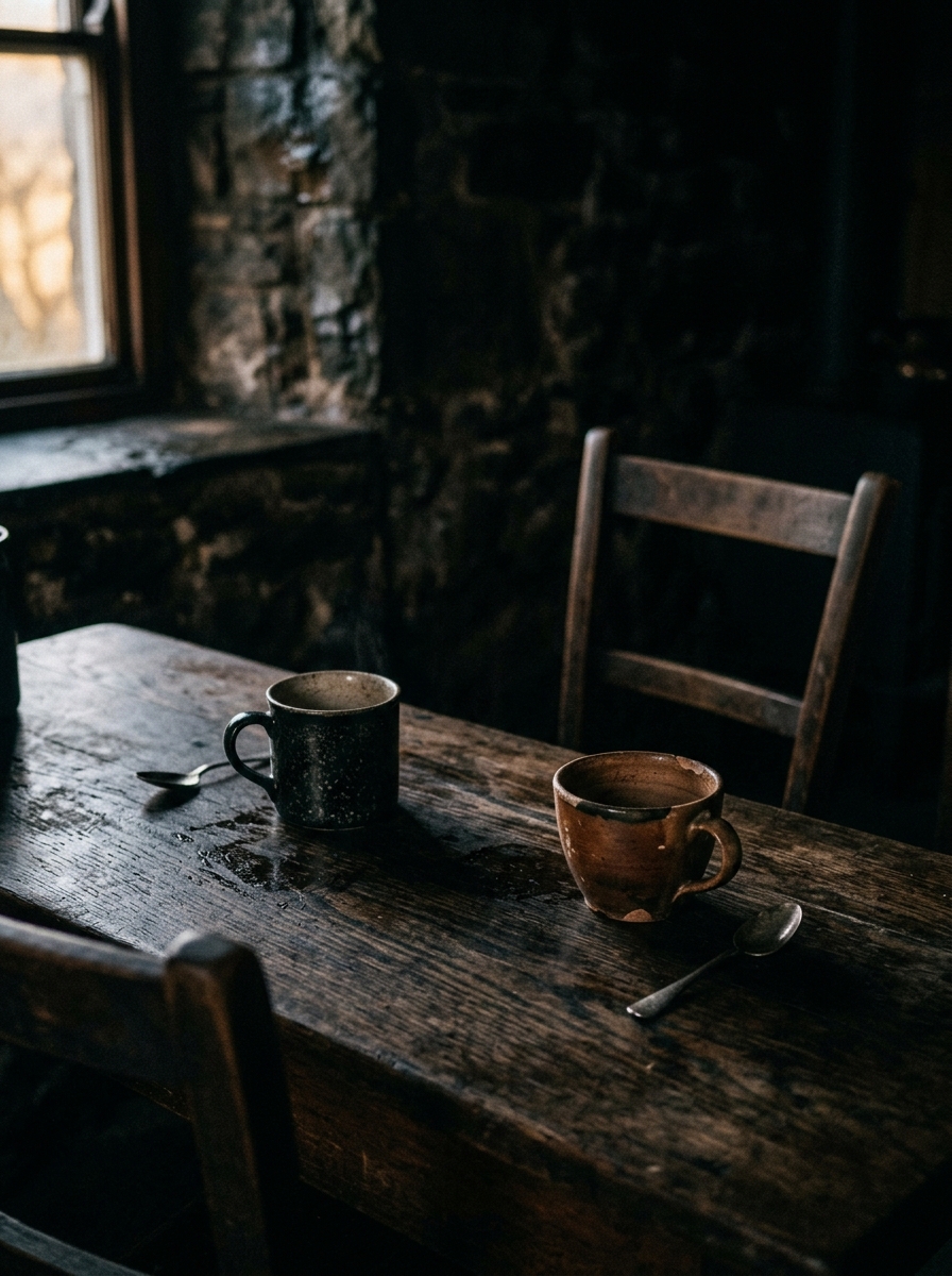 Two worn cups on a wooden kitchen table with a third chair pulled out