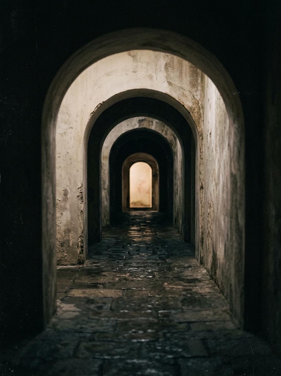 A long empty corridor of old plaster with repeating arches