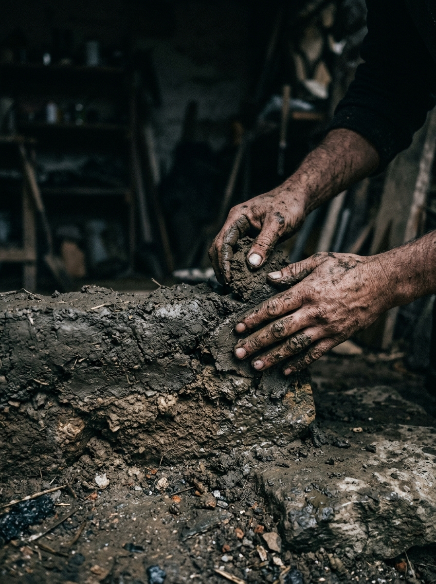 Hands shaping wet clay and earth into a low wall
