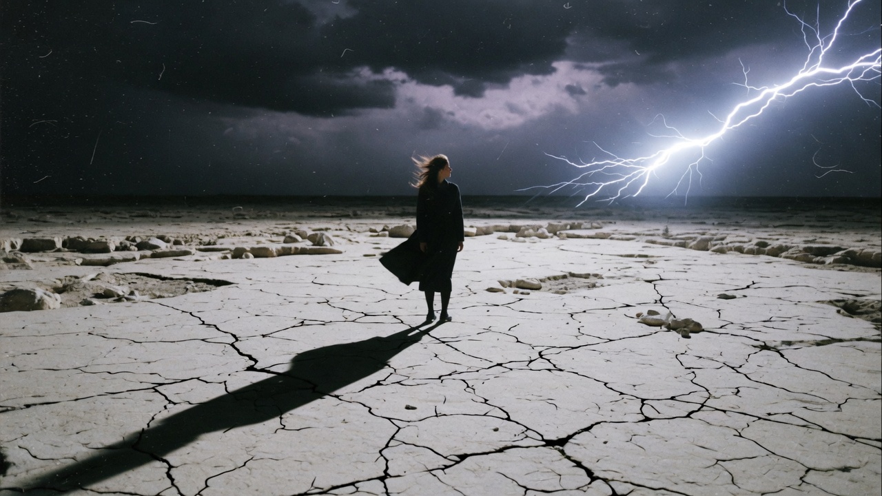 She Who Stood in the Flash: a solitary woman standing motionless on a vast limestone plateau at night as distant lightning illuminates the landscape