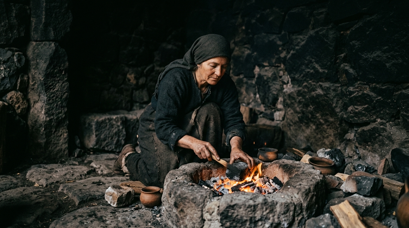 She Who Built the Furnace: a solitary woman kneeling in an ancient stone shelter tending glowing embers within a rough-hewn hearth
