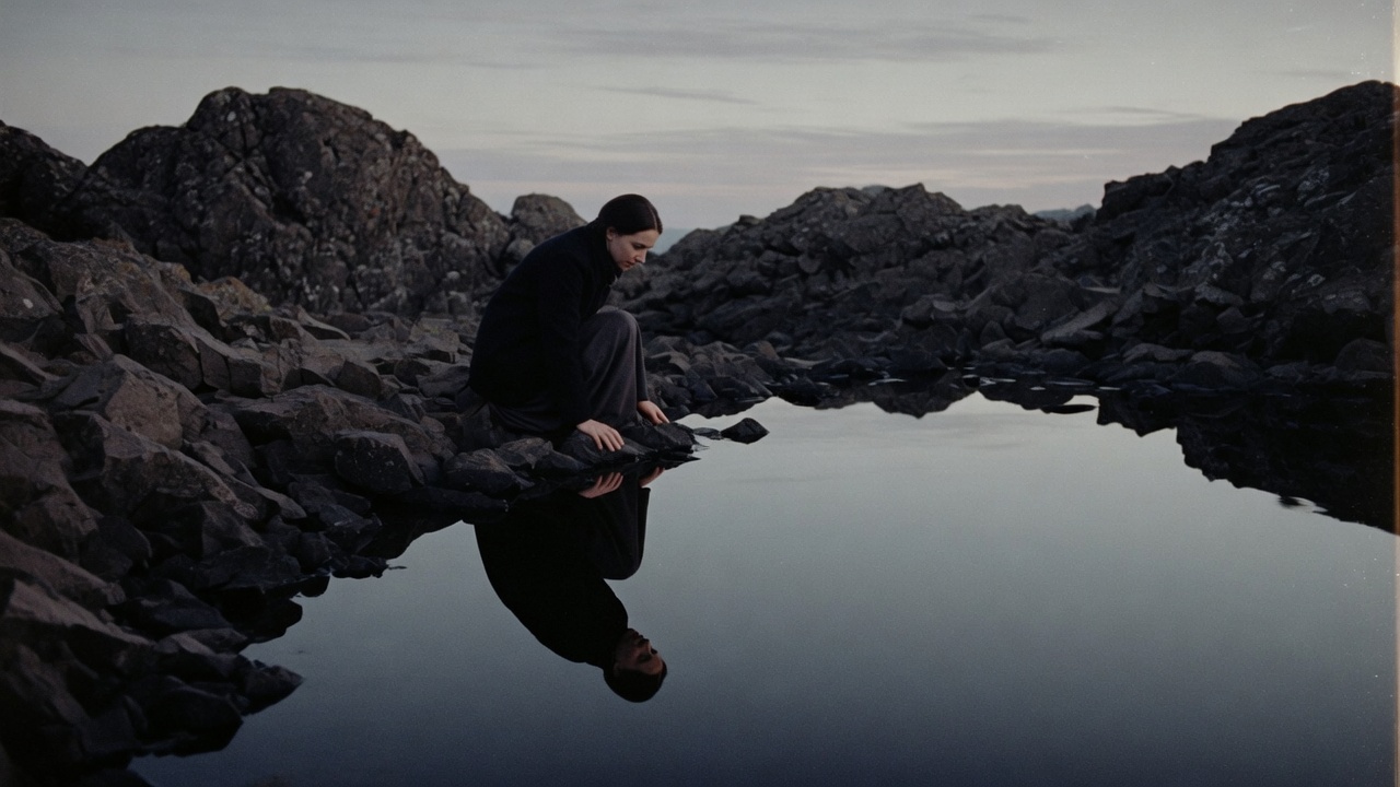 She Who Looked into the Still Water: a solitary woman kneeling beside a mirror-still mountain pool gazing intently at her reflection