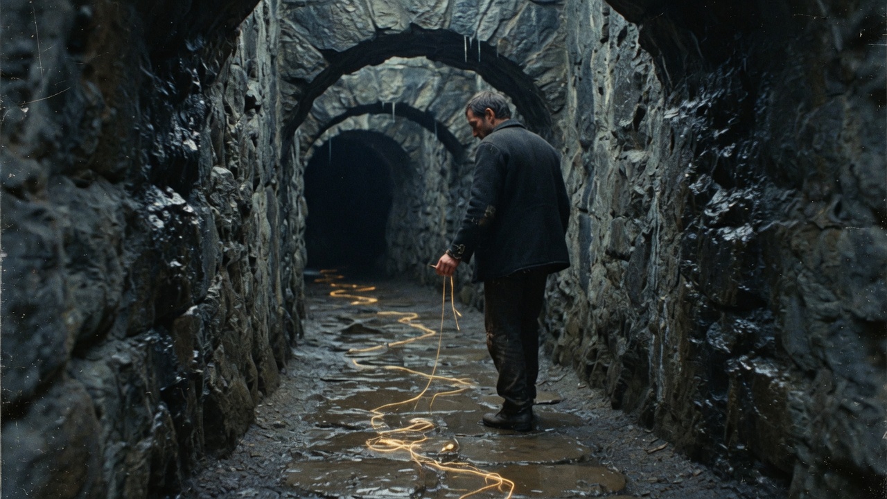 He Who Followed the Golden Thread: a solitary man walking through dark stone arches guided by a pale golden cord