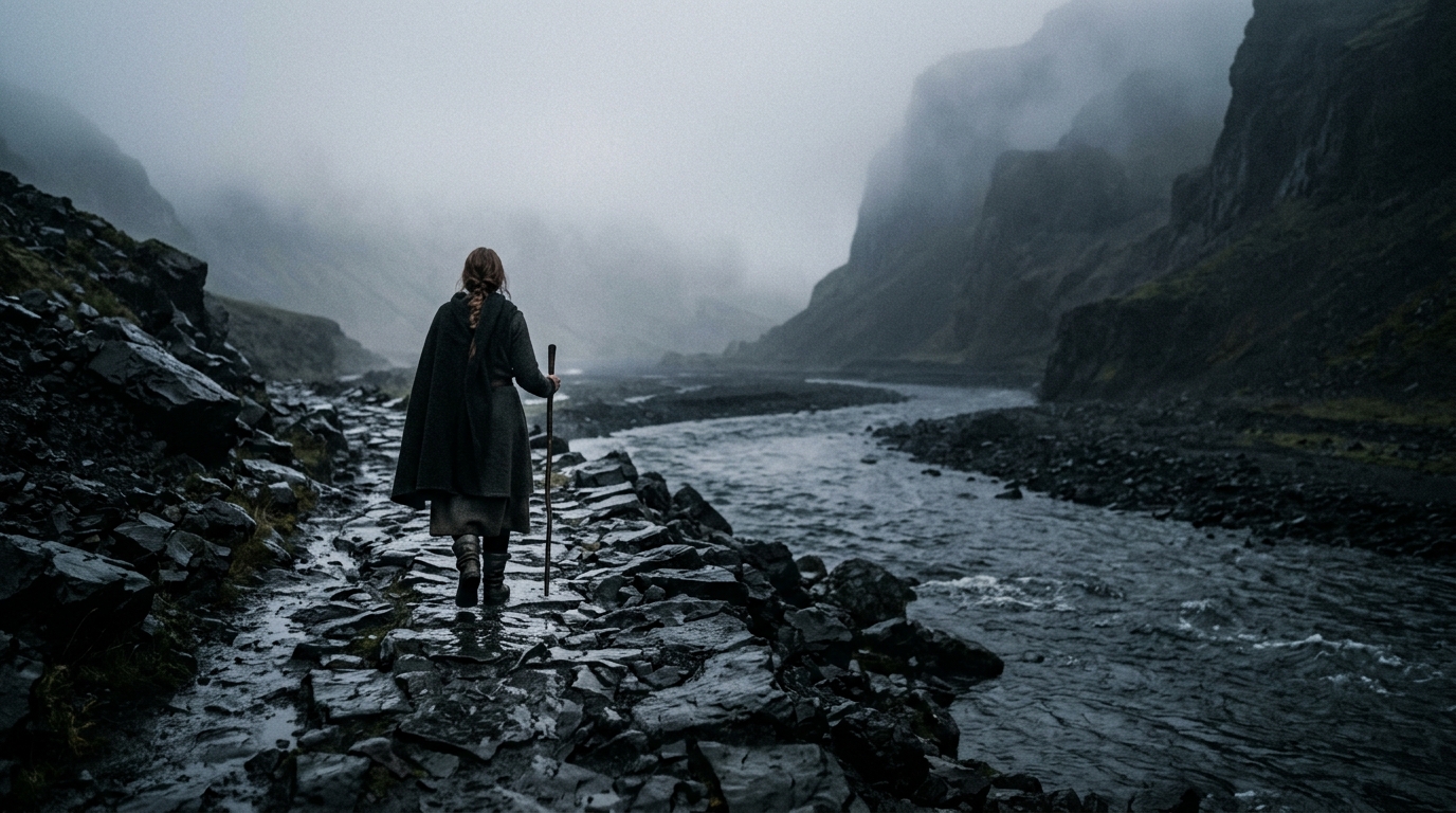She Who Walked the River Road: a lone traveler in a dark cloak and staff walking an ancient primordial river road of black basalt in predawn mist
