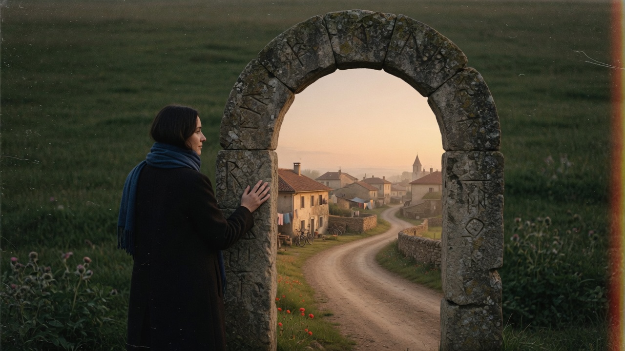 She Who Stood at the Final Gate: a solitary woman pausing at an ancient stone portal looking through to an ordinary dirt road in morning dawn