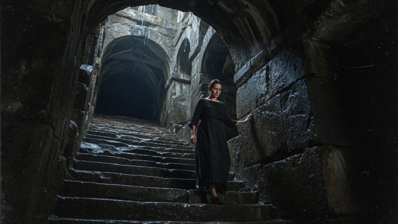 She Who Descended Through Seven Gates: a solitary woman descending an ancient subterranean cyclopean stone stairway into bedrock