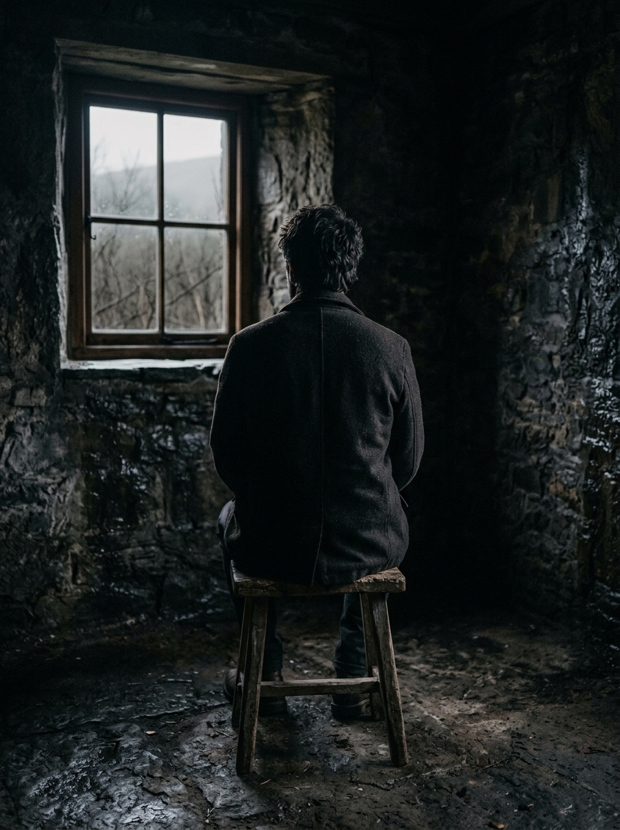 A person seated quietly on a stool in a bare stone room facing a morning window