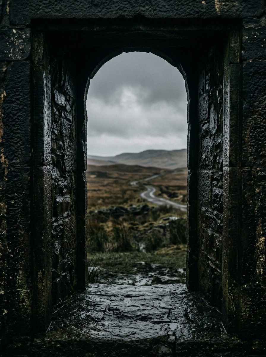 A stone doorway in grassland seen from the far side looking back toward ordinary weather