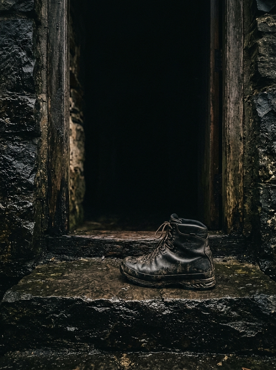 A stone threshold at night with one boot just short of crossing
